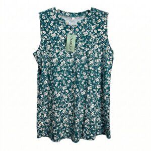 NWT | Auselily Teal Green & White Floral Top | Sleeveless | Size Large